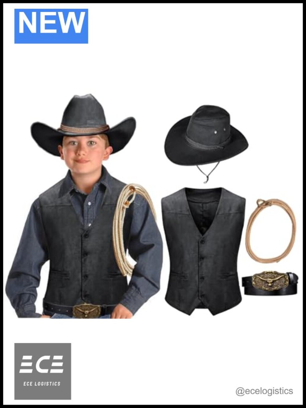 Kids Western Cowboy Costume Vest Hat Belt Suede Halloween Cosplay